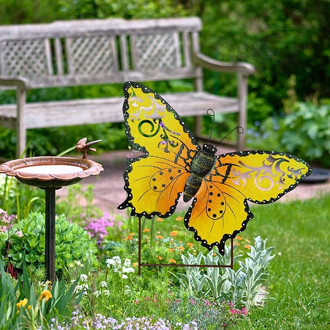 Attraction Design Butterfly Garden Stake Decorative Butterfly Yard Stake, Cute Insect Decor Metal Yard Art Decor Outdoor Garden Decoration for Patio Porch Lawn Pathway Backyard (Yellow)