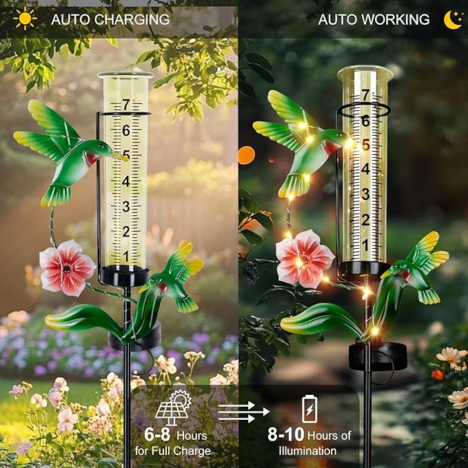 Hummingbird Rain Gauge Outdoor, Solar Stake Rain Gauges for Yard with LED Lights & Plastic Measuring Cup Large Rain Gauge Outdoor Decorative Water Gauge for Rain for Garden, Lawn, Pathway Decor