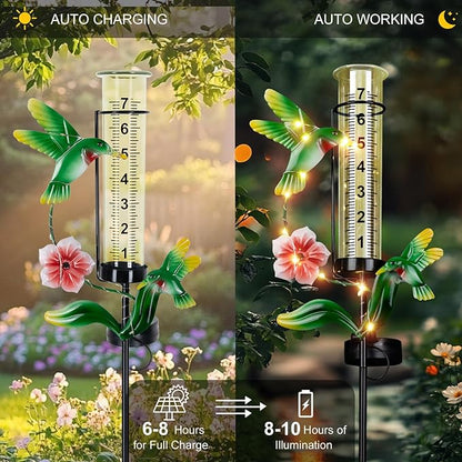 Hummingbird Rain Gauge Outdoor, Solar Stake Rain Gauges for Yard with LED Lights & Plastic Measuring Cup Large Rain Gauge Outdoor Decorative Water Gauge for Rain for Garden, Lawn, Pathway Decor