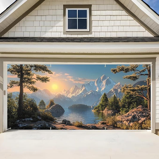 ANNA QUEEN Mountain Lake Sunset Garage Door Banner 6 x 13FT, Scenic Lake, Forest, and Snowy Mountains Sunset, Nature Landscape Backdrop for Yard, Parties, Holiday Home Decor