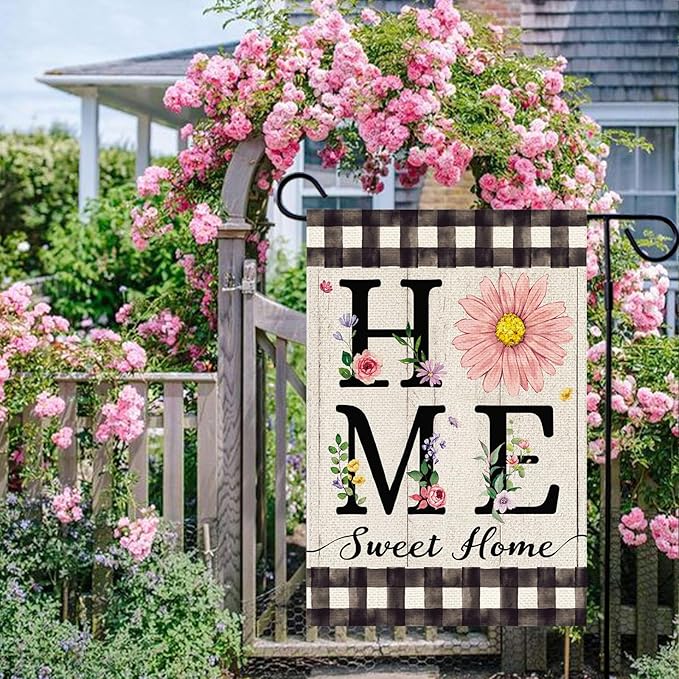 ORTIGIA Spring Summer Daisy Garden Flag Burlap Double Sided Home Sweet Home Floral Flower Small Flag Farmhouse Buffalo Plaid Floral Yard Lawn Patio Outside Outdoor Seasonal 12.5x18 Inch