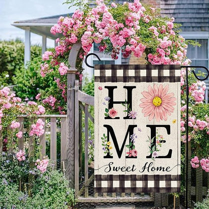 ORTIGIA Spring Summer Daisy Garden Flag Burlap Double Sided Home Sweet Home Floral Flower Small Flag Farmhouse Buffalo Plaid Floral Yard Lawn Patio Outside Outdoor Seasonal 12.5x18 Inch