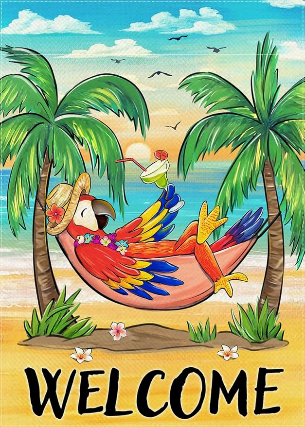 Welcome Summer Parrot Bird Decorative Garden Flag, Beach Coastal Tropical Palm Tree Yard Outside Decorations, Hawaii Sunset Nautical Seasonal Outdoor Small Home Decor Double Sided 12 x 18