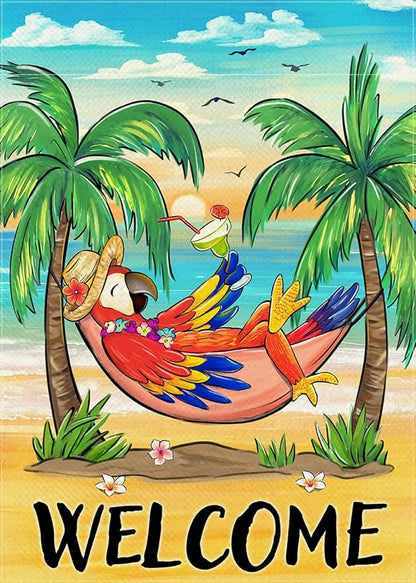 Welcome Summer Parrot Bird Decorative Garden Flag, Beach Coastal Tropical Palm Tree Yard Outside Decorations, Hawaii Sunset Nautical Seasonal Outdoor Small Home Decor Double Sided 12 x 18
