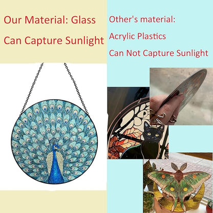 Hanging Stained Glass for Windows,20cm/7.87inch Peacock Hand-Painted Sun Catcher Garden Hangings Christmas Mother's Day, Valentine's Day Ornaments Festival Gift (Style A)