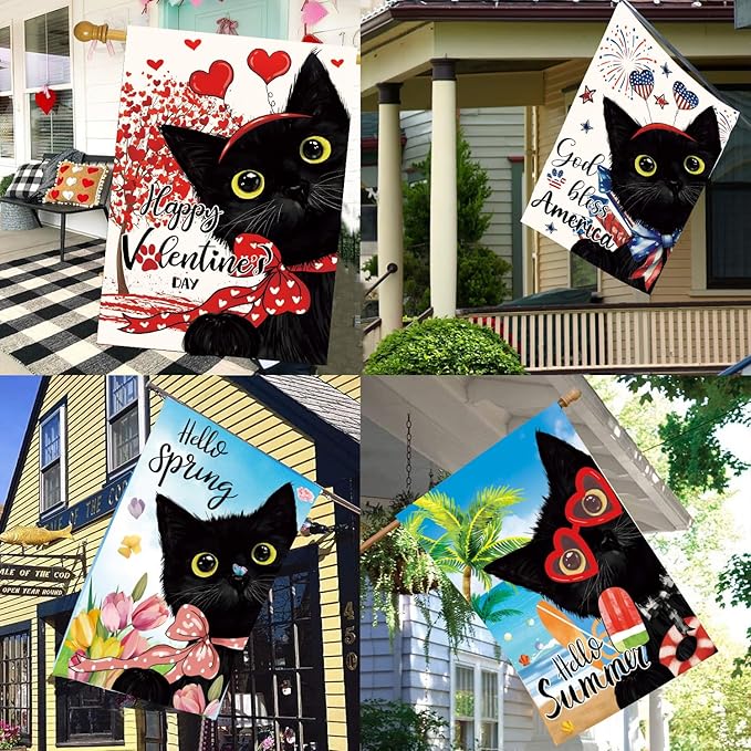 Seasonal Garden Flags Set of 11, Double Sided 28 x 40 Inchs Black Cat House Flags,Large Holiday Flags for Outside All Seasons Decor, Spring Summer Independence Day Easter Outdoor Yard Decorations