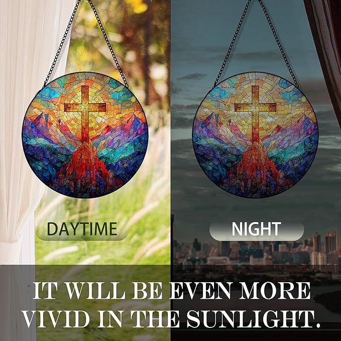 Christian Cross Suncatcher Stained Glass Window Hanging, Christian Sunset Landscape Sun Catchers Indoor Window Glass Round Wall Decor, Religious Cross Wall Art Hanging Decorations, ＂7.8x7.8＂
