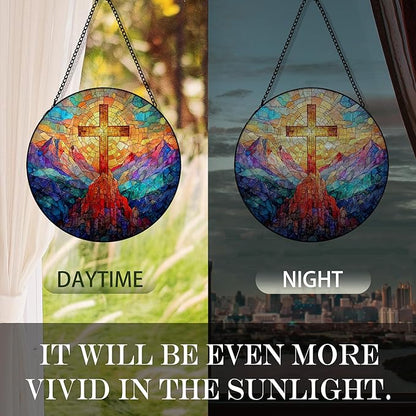 Christian Cross Suncatcher Stained Glass Window Hanging, Christian Sunset Landscape Sun Catchers Indoor Window Glass Round Wall Decor, Religious Cross Wall Art Hanging Decorations, ＂7.8x7.8＂