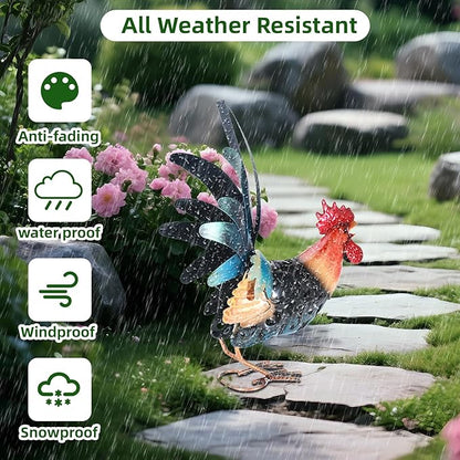 16.5" Whimsical Metal Rooster Garden Statue, Handmade Morning Crowing Rooster Sculpture with Green Tail Feathers, Rust-Resistant Iron Art for Yard, Farmhouse, Kitchen & Outdoor Decor
