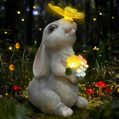 Solar Garden Statue Outdoor Decor, Rabbit Figurine with Butterfly LED Lights, Bunny Statue for Garden, Yard Decor, Lawn Ornament, Valentine's Day Birthday Gift for Women Mom Grandma