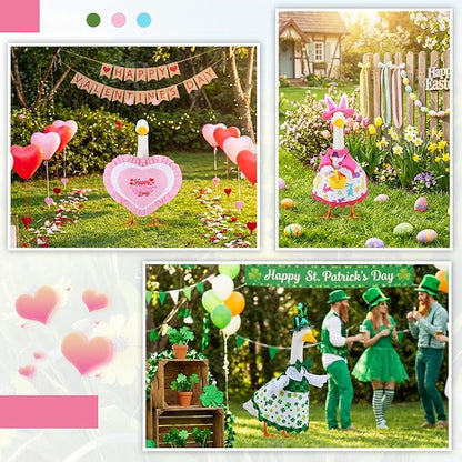 Abbylike 3 Set St. Patrick's Day Porch Goose Outfits Easter Spring Yard Goose Clothes Valentine's Day Lawn Costume for 23 Inch Cement Patio Garden Outdoor Statue Decor