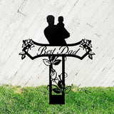 Rustic Metal Cross Memorial Stake, Mom Dad Grave Site Decorations Artificial Flowers for Cemetery, Ideal for Yard, Garden, Lawn & Tombstone, Cemetery Decorations for Grave (Dad)