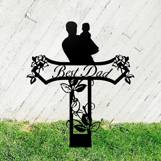Rustic Metal Cross Memorial Stake, Mom Dad Grave Site Decorations Artificial Flowers for Cemetery, Ideal for Yard, Garden, Lawn & Tombstone, Cemetery Decorations for Grave (Dad)