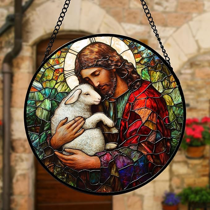 DASTOLL Stained Glass Window Hanging, Jesus Little Lamb Sun Catchers Colorful Glass Panel Christianity Suncatcher Decor for Birthday for Women, Men, Wife, Aunt, and Mom 7.8 in