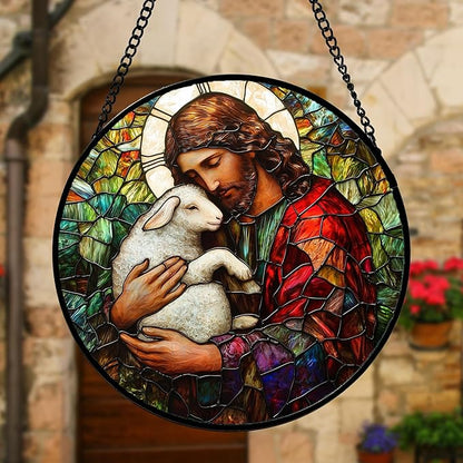 DASTOLL Stained Glass Window Hanging, Jesus Little Lamb Sun Catchers Colorful Glass Panel Christianity Suncatcher Decor for Birthday for Women, Men, Wife, Aunt, and Mom 6.3 in