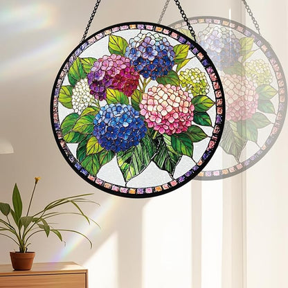 Stained Glass Window Hanging, Blue Hydrangea Flower Stained Glass Suncatcher, Window Decor, Hydrangea Plant Lover Gift for Women, Couples, Best Friend, Family, Colleague, Classmate 7.8 Inch