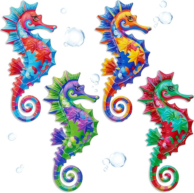 FaloStwer 4Pcs Metal Beach Wall Decor Art, 3D Lifelike Seahorse Wall Art Sculpture Hanging Decorations for Indoor Outdoor Garden Yard Living Room Bedroom Patio Balcony (Seahorse)