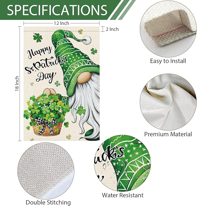 Heyfibro Happy St. Patrick's Day Gnome Garden Flag 12x18 Double Sided Burlap, Shamrock Basket Yard Flag for Spring Seasonal Irish Holiday Farmhouse Yard Outdoor Decor(ONLY FLAG)
