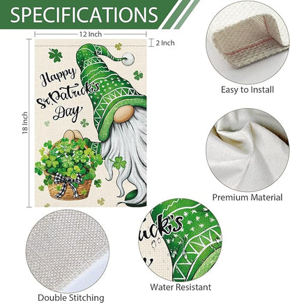 Heyfibro Happy St. Patrick's Day Gnome Garden Flag 12x18 Double Sided Burlap, Shamrock Basket Yard Flag for Spring Seasonal Irish Holiday Farmhouse Yard Outdoor Decor(ONLY FLAG)