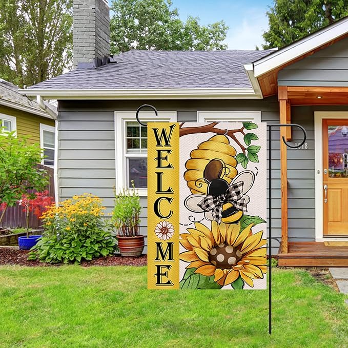 Welcome Spring Summer Bumble Bee Sunflower Decorative Garden Flag, Flower Honeycomb Yard Outside Decorations, Buffalo Plaid Bow Burlap Farmhouse Outdoor Small Home Decor Double Sided 12 x 18