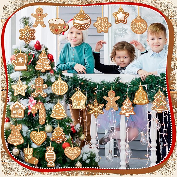 Rtteri 30 Pcs Christmas Gingerbread House Decorations Bulk 5 x 6 Inch Double Sided Snowflake Gingerbread Candy Canes Plastic Hanging Ornaments for Xmas Tree Yard Porch Lawn Holiday Decorations