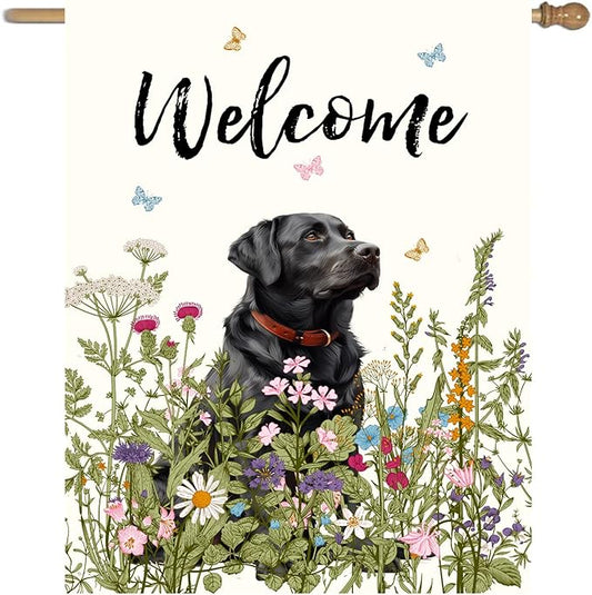Floral Black Lab Garden Flag Spring Summer House Flags 28x40 Double Sided Flower Labrador Dog Yard Flags for Outside Lawn Large Outdoor Welcome Flags