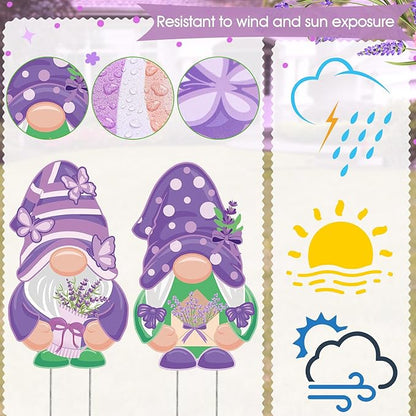 2 Pcs Easter/Spring Outdoor Decorations 16 Inch Easter Yard Signs Metal Pastel Gnome/Rustic Bunny/Lavender Garden Stakes for Home Outside Pathway Lawn Backyard Patio Farmhouse Party Decor(Lavender)