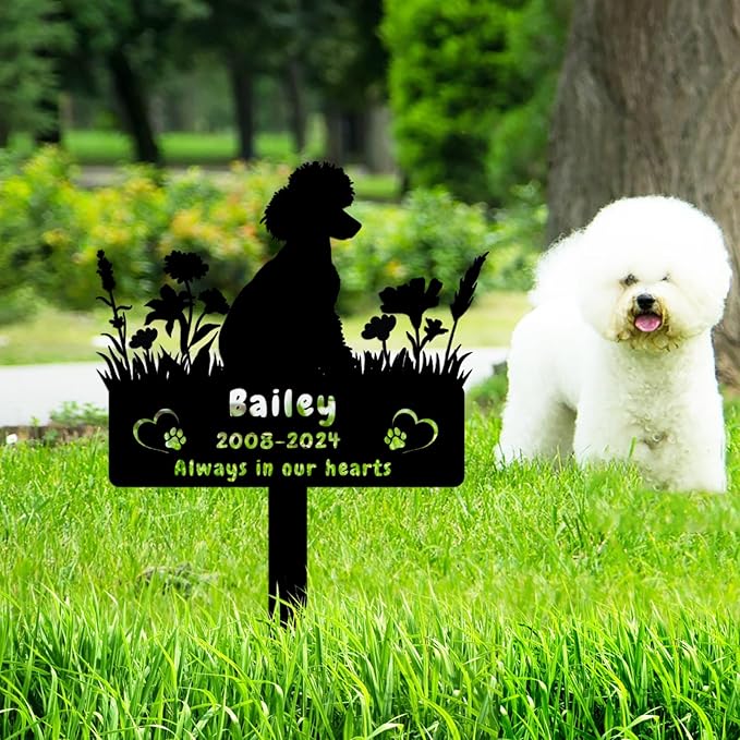 Custom Poodle Dog Memorial Grave Marker,Personalized Pet Dog Memorial Garden Stake,Flora Dog Memorial Plaque Burial Stake Engraved Sign,Dog Sympathy Grave Stake,Dog Statue Headstone