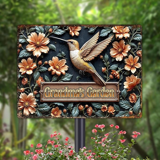 Custom Garden Signs Personalized Metal Tin Sign for Women, Hummingbird Metal Sign for Outdoor, Patio, Yard Rustic Home Decor Gift for Mothers Day, Grandmas, and Gardening Lovers