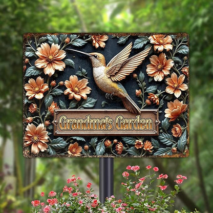 Custom Garden Signs Personalized Metal Tin Sign for Women, Hummingbird Metal Sign for Outdoor, Patio, Yard Rustic Home Decor Gift for Mothers Day, Grandmas, and Gardening Lovers