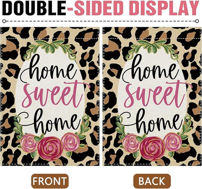 Dyrenson Home Sweet Home Leopard Print Decorative Garden Flag, Cheetah Rose Flower Yard Outside Home Decoration, Floral Burlap Outdoor Small Decor Double Sided 12 x 18