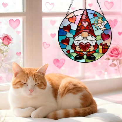 Funoasis Valentine's Day Gnome Stained Glass 6.3 Inches Suncatcher - Cupid & Red Heart Ornament Window Hanging Decor for Sweetheart Present