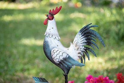 TERESA'S COLLECTIONS Garden Decor with Solar Outdoor Lights, White Rooster Yard Art Sign for Outside, 39.4'' Metal Weathervane Decorative Garden Stake for Outdoor Decor, Lawn, Gifts for Fathers Day