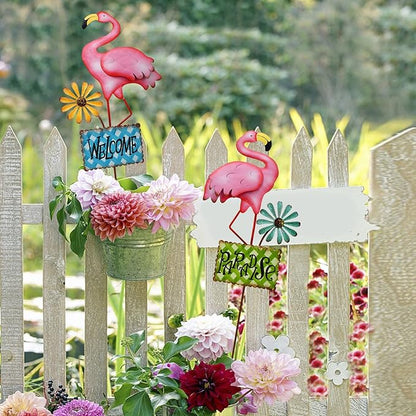 Metal Flamingo Garden Stakes Welcome Yard Sign Decorative Pink Flamingos Ornament Indoor Outdoor Party Stake Lawn Art Patio Backyard Flower Bed Decor (set of 2, S)