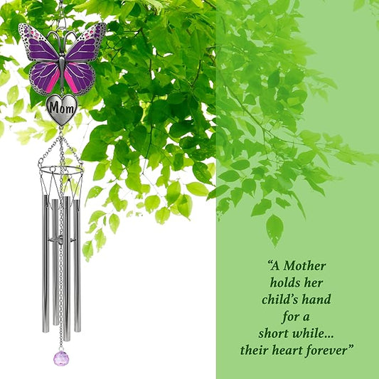 Butterfly Wind Chimes for Mother - Purple Butterfly Windchime with Engraved Mom Heart - Gift for Mom Mother’s Day Birthday Christmas - Spring Patio Garden Hanging Decor - 20 Inch Long