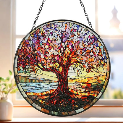 Stained Glass Window Hanging, 8 Inch Tree of Life Stained Glass Suncatchers for Indoor Windows Wall Kitchen Home Room Decor Ornaments Gifts for Women Mom Grandma Birthday Mother's Day