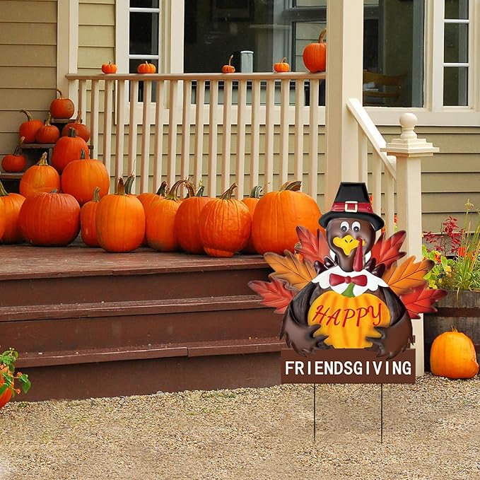 Friendsgiving Metal Turkey Yard Signs Rustic Thanksgiving Decorations with Stakes for Outdoor Indoor Fall Harvest Welcome Sign for Porch, Lawn, and Wall Decor