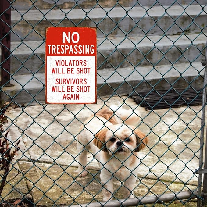 Funny No Trespassing Sign, Metal Warning Yard Tin Signs, Violators will be shot Survivors will be shot again, Garage Farm Garden Wall Decor Plaque Outdoor for Home Fence 8 X 12 Inches