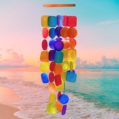 Bellaa Handmade Wind Chimes Outdoor, Musical, Garden Decorations, Beach, Ocean, Breeze, Gifts for Mom, Outside Windchimes, 63pcs, Capiz, Shells, Sea, Glass, Wood 1 Rainbow