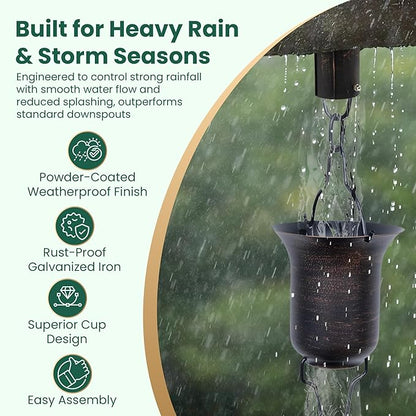 Copper Rain Chain 9 FT, 11 FT Installed with Anchor Stake and Gutter Adapter, Durable Heavy Duty Rain Chains for Gutters for Heavy Rain, Rust Resistant, Outdoor Decor for Homeowners