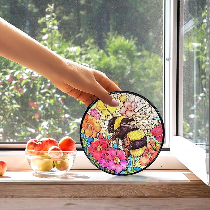 kdqua Bee Floral Suncatcher Stained Glass Window Hanging, Colorful Floral Bumblebee Sun Catchers Indoor Window Glass Round Wall Decor, Bee Wall Art Hanging Decorations Statues, 7.9x7.9in