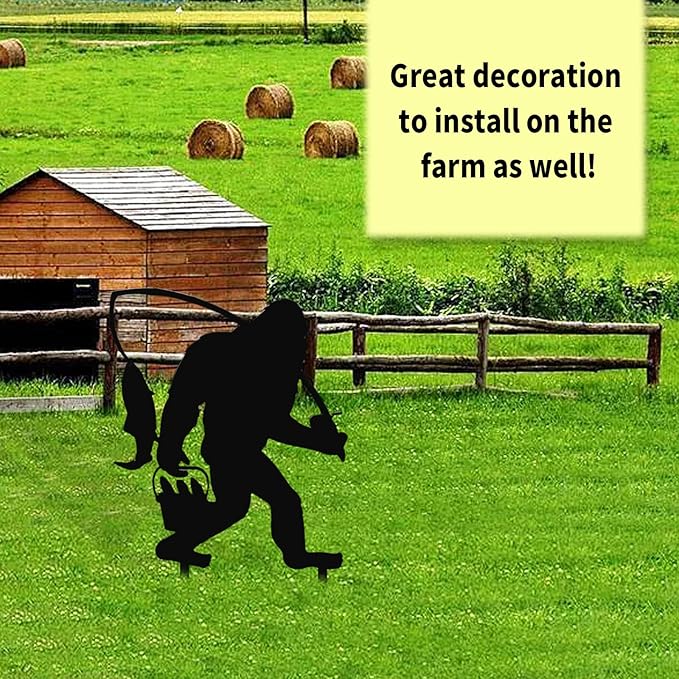 2025 Funny Bigfoot Garden Stake Metal Sign Art Yard Animal Decoration, Various Metal Sasquatch Black Big Foot Sculpture Outdoor Silhouette Statues for Garden Yard Patio Lawn (Fishing)