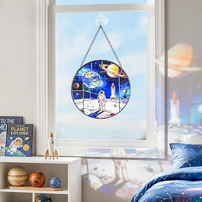 Stained Glass Window Hanging Suncatchers with Armstrong's Moon Landing 12.6", Vibrant Glass Panel with Metal Chain for Home Decor Gift for Women Mother's Day, Birthday, Men, and Mom