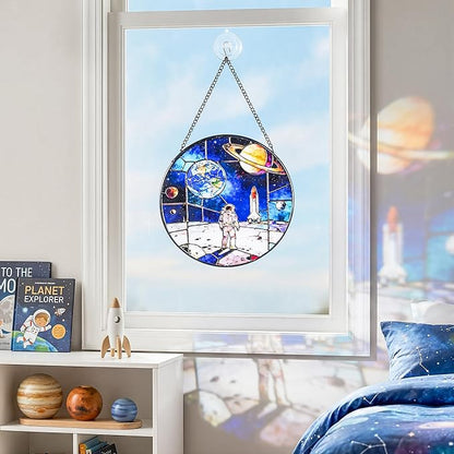 Stained Glass Window Hanging Suncatchers with Armstrong's Moon Landing 12.6", Vibrant Glass Panel with Metal Chain for Home Decor Gift for Women Mother's Day, Birthday, Men, and Mom