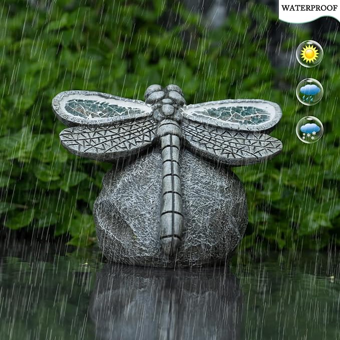 Rezpuao Garden Statue Dragonfly,Solar Dragonfly Decor for Outdoor,Resin Dragonflies Figurine with Solar Light for Patio,Balcony,Yard,Lawn Ornament,Perfect Garden Gift