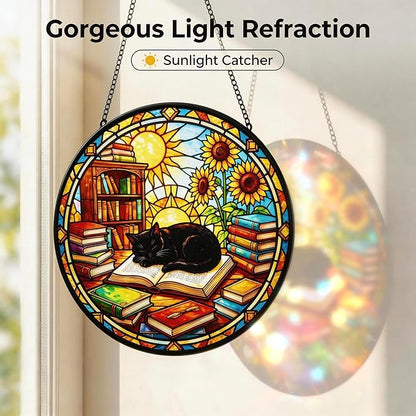 LITIVY Black Cat Suncatcher Stained Glass, Book Lovers Present, 8 Inch Handmade Colorful Library Theme Window Hanging Decor for Reading Nook, Sun Catcher Home Decor