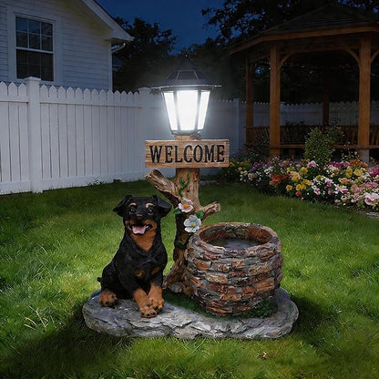 Solar Garden Statue with Planter & Solar Lantern, Outdoor Resin Animal Sculpture, Waterproof Yard Lawn Decor Pot for Succulents, Front Porch Ornament Housewarming Gift (Rottweiler)