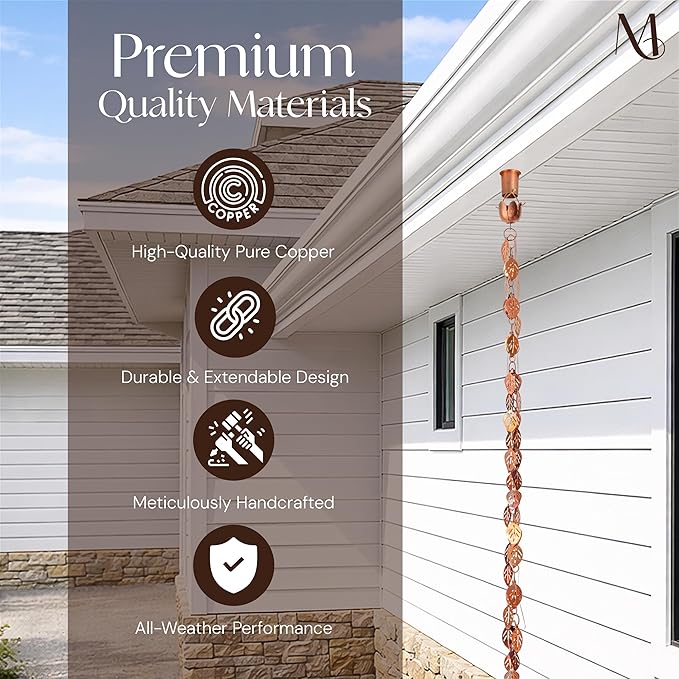 Monarch Rain Chains Pure Copper Cascading Leaves Rain Chains for Gutters – 8.5 ft Decorative Rainchain Outdoor Durable Heavy Duty Gutter Chain Downspout Replacement, Modern Rainchains for Outside