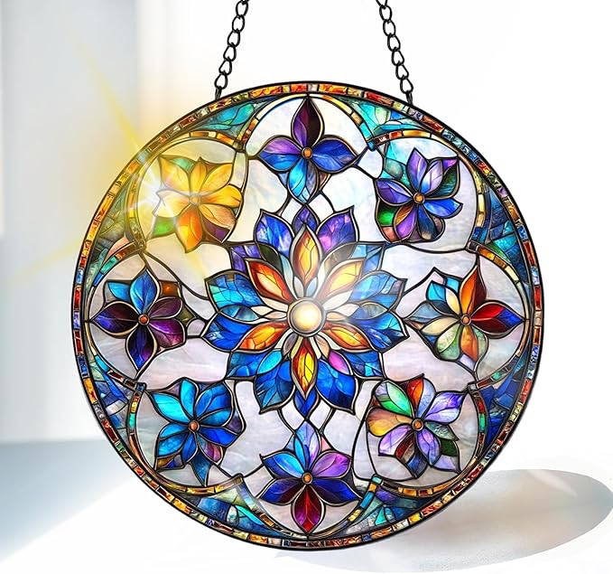 VAIIEYO Flower Sun Catcher Stained Glass Window Hanging Ornament, Handmade Sun Catcher Plant Decoration with Hooks for Window Garden Home, Mother's Day & Birthday Housewarming Gift (7.8 inch)