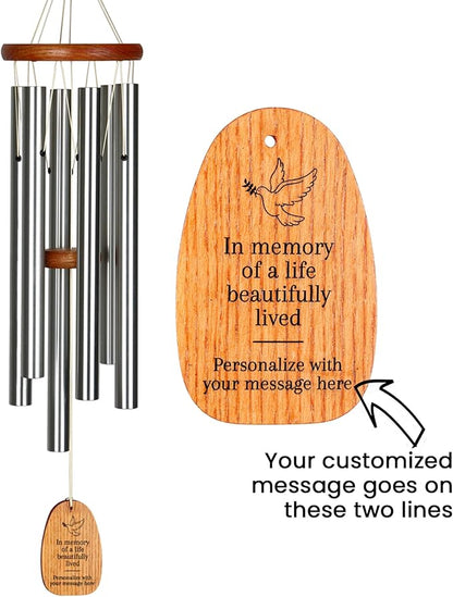 Woodstock Wind Chimes Personalized Amazing Grace Memorial Chime for Outside 24'' Medium Silver Sympathy Customized Dove Inspirational Wind Chime for Outdoor Patio Home Garden Decor